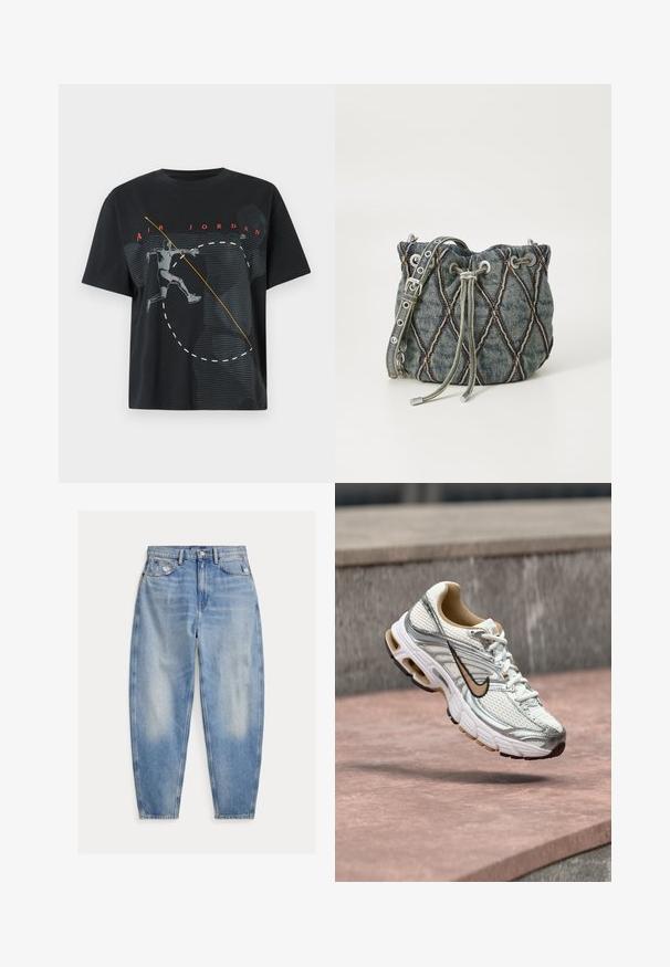 Zwart Air Jordan t-shirt met een graphic van een basketbalspeler in de lucht en rode "AIR JORDAN" tekst erboven.; Lichtblauwe high-waisted spijkerbroek met lichte vervaging en slijtage bij de voorzakken, vijfzakkenstijl en taps toelopende pijpen.; Witte en zilveren Nike hardloopschoen met een beige swoosh-logo, getoond zwevend boven een stenen oppervlak met een onscherpe grijze muur op de achtergrond.; Denim emmer tas met een diamant-quilt patroon, grijze trekkoordsluiting, zilveren hardware accenten en een zachte textuur, met een afneembare schouderband.