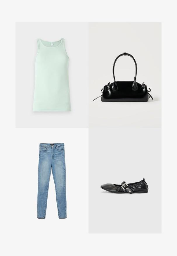 Lys mintgrøn tanktop lavet af ribbet stof. Har en rund halsudskæring og ærmeløst design. Enkel, uden pynt.; Lyseblå, udtværrede skinny jeans med frontknap og fem-lomme-design, ladt fladt på hvid baggrund.; Sorte læder flade sko med spids tå, samling detaljer omkring åbningen, og en sølv spænde accent på den justerbare rem.; Lille sort blank håndtaske med to lange håndtag og snøre-detaljer i siden på en ensfarvet lys baggrund.