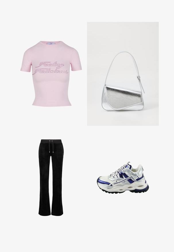 Rosa kurzärmliges Crop-Top aus glattem Stoff, mit "Feeling Reflectious" aus Strasssteinen auf der Vorderseite, runder Ausschnitt.; Schwarze, ausgestellte Jogginghosen mit weicher Textur, elastischem Bund, Kordelzug und zwei Fronttaschen.; Weißer und silberner Sportschuh mit lila Akzenten, ausgestattet mit einem Mesh-Obermaterial, einer klobigen Sohle und strukturierten Details an der Ferse und den Seiten.; Silberfarbene metallische Handtasche mit dreieckiger Form, glatter Textur und einem dünnen, verstellbaren Schultergurt. Sie verfügt über ein umklappbares Design mit Nähten.