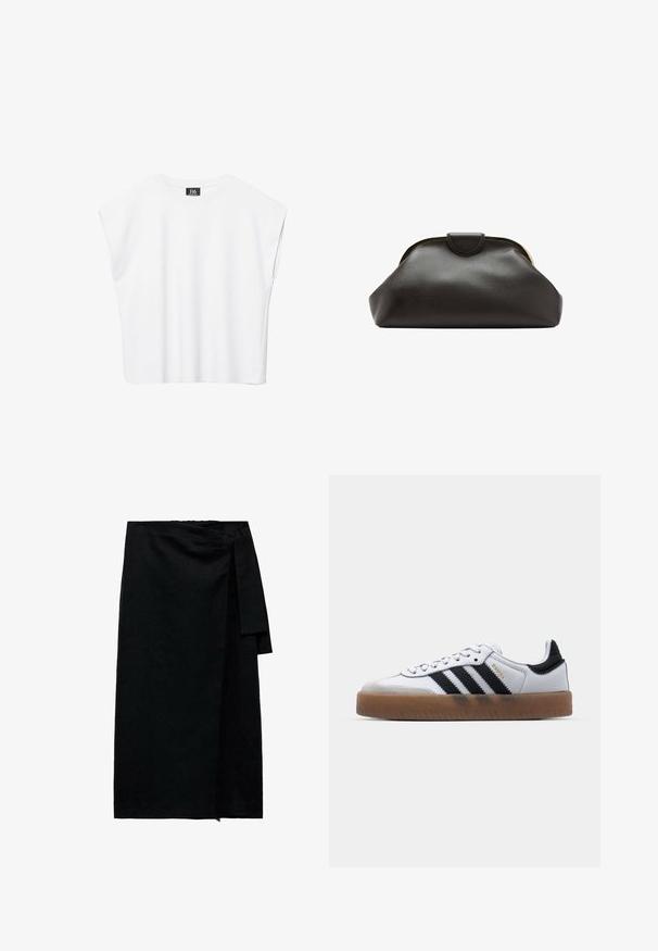 Hvid ærmeløs crop top med rund halsudskæring, brede skuldre og sort "B6"-label indvendigt i kraven.; Sort omslagsnederdel lavet af tekstureret stof med knyttet talje, lige silhuet og en let frynset kant. Ingen synlige mønstre eller accenter.; Hvide lædersneakers med sorte striber, gummirubber sål, rund tå, snørelukning og blød grå ruskinds tåhætte.; Blød sort læder clutch taske med en rundet ramme og en lille lukning i toppen midt på.