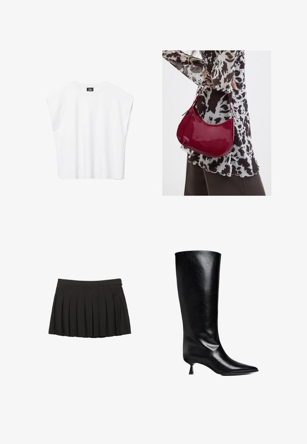 Hvid ærmeløs crop top med rund halsudskæring, brede skuldre og sort "B6"-label indvendigt i kraven.; Sort plisseret mininederdel med taljebånd og lynlås i siden, vist på en hvid baggrund.; Sort læderknæhøje støvler med spidse tæer, slank silhuet og en lav blokhæl med en blank finish.; Kvinde iført en sort- og hvidmønstret bluse, der holder en blank rød skuldertaske mod en ensfarvet baggrund.