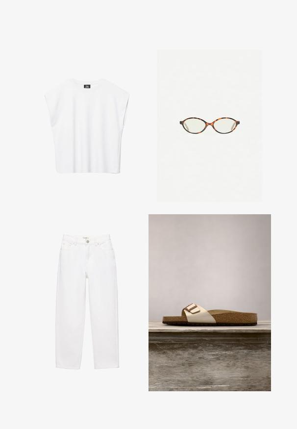 Hvid ærmeløs crop top med rund halsudskæring, brede skuldre og sort "B6"-label indvendigt i kraven.; Hvide straight-leg jeans lavet af denim, med frontknaplukning, fem-lomme-design og subtile syningsdetaljer.; Sandal med slide-design, der har en let metallisk overdel, korkfodbed og tekstureret brun gummisål. Spænde detalje med logoaccent.; Skildpaddebriller med ovale linser og en elegant, glat finish. Har tynde sider med en subtil kurve ved tindingerne. Klare linser.