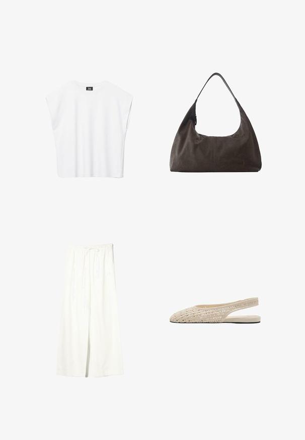 Haut court blanc sans manches à encolure ronde avec épaules larges et étiquette noire "B6" à l'intérieur du col.; Pantalon en lin blanc à jambes larges avec taille élastique et cordon de serrage, doté de poches latérales et d'une fente à l'avant.; Chaussure slingback plate beige avec dessus tissé et bout pointu, dotée d'un talon ouvert et d'une semelle fine.; Sac à main hobo en cuir souple marron foncé avec une large bandoulière unique et un détail subtil de couture centrale sur fond blanc.