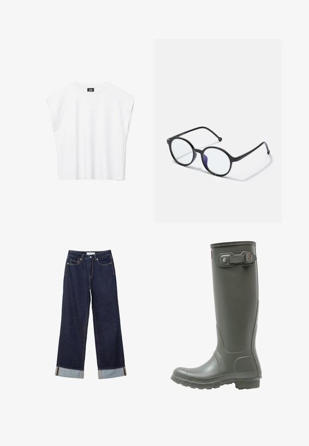 Weißes ärmelloses Crop-Top mit Rundhalsausschnitt, breiten Schultern und schwarzem "B6"-Etikett an der Innenseite des Kragens.; Dunkelblaue Jeans mit weitem Bein, umgeschlagenen Säumen, Knopf vorne, Reißverschluss und Fünf-Taschen-Design.; Grüne Gummiregenstiefel bis zum Knie mit strukturiertem Sohlenprofil, runder Zehenform, verstellbarem Schnallenverschluss an der Seite und glatter Oberfläche.; Runde schwarze Brillen mit dünnen Rahmen, klaren Gläsern und einem leichten lila Farbton auf einer Seite; elegantes Design mit polierter Oberfläche.