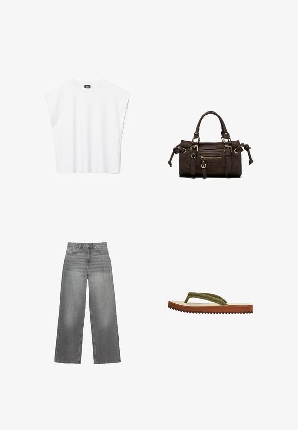 Haut court blanc sans manches à encolure ronde avec épaules larges et étiquette noire "B6" à l'intérieur du col.; Jean large gris en denim, avec une taille mi-haute, cinq poches et une légère décoloration sur les jambes.; Tongs simples avec semelle intérieure beige, semelle extérieure marron cannelée, et brides tressées en tissu vert olive sur fond blanc.; Sac à main en cuir marron foncé avec double poignée, poche avant zippée, boucles décoratives et nœuds latéraux sur fond blanc.