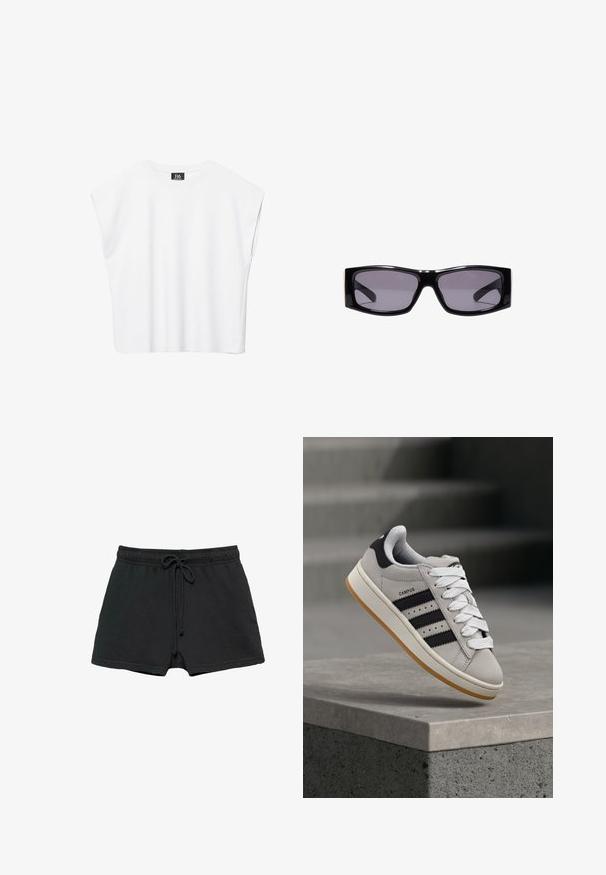 Haut court blanc sans manches à encolure ronde avec épaules larges et étiquette noire "B6" à l'intérieur du col.; Short décontracté noir avec taille élastique et cordon, doté de poches latérales et d'une coupe ample.; Baskets Adidas Campus grises avec des rayures noires et des lacets blancs flottant au-dessus d'un rebord en béton avec des escaliers en arrière-plan.; Lunettes de soleil rectangulaires noires avec verres teintés foncés et monture en plastique brillant, présentées centrées sur un fond blanc.