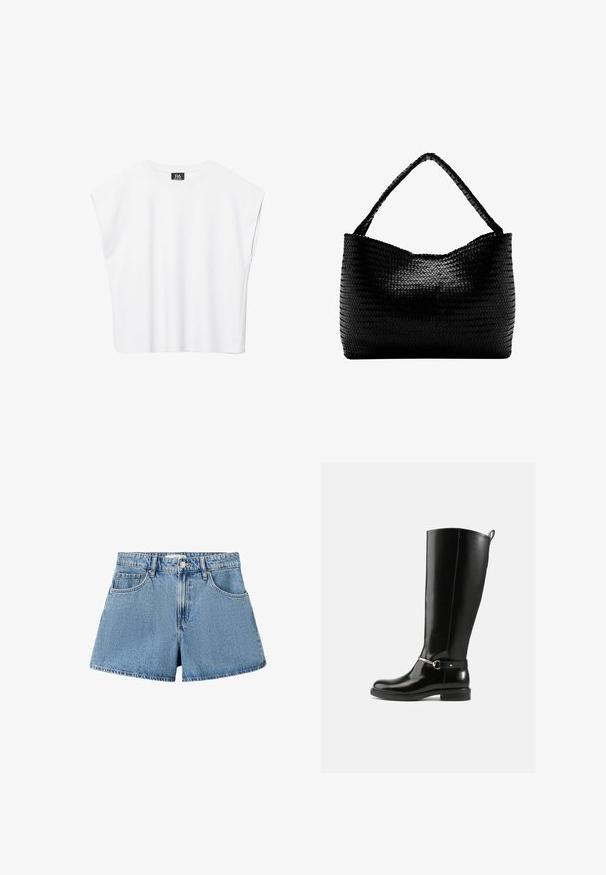 Bílý bezrukávový crop top s plochým výstřihem a širokými rameny, s černou etikou "B6" uvnitř límce.; Modré džínové kraťasy s předním knoflíkem, poutky na opasek, dvěma předními kapsami a malou mincovní kapsou, zobrazené na bílém pozadí.; Černé kozačky po kolena z lesklé kůže, s přezkou ve stříbrné barvě na kotníku a zaoblenou špičkou. Plochá podrážka.; Černá pletená kabelka s jedním zapleteným uchem, obdélníkového tvaru a lesklým texturovaným povrchem.