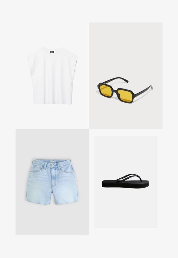 Weißes ärmelloses Crop-Top mit Rundhalsausschnitt, breiten Schultern und schwarzem "B6"-Etikett an der Innenseite des Kragens.; Helles blaues Denim-Shorts mit Fünf-Taschen-Design, Knopfverschluss und leicht ausgefranster Säume. Der Stoff zeigt eine weiche, strukturierte Optik.; Schwarze Gummiflips mit strukturierter Sohle und Y-förmigem Riemen, seitliche Ansicht vor schlichtem hellem Hintergrund.; Schwarze rechteckige Sonnenbrillen mit gelben Gläsern. Merkmale sind dicke Rahmen und ein kantiges Design mit einer glatten, glänzenden Oberfläche.