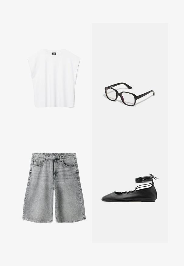 Haut court blanc sans manches à encolure ronde avec épaules larges et étiquette noire "B6" à l'intérieur du col.; Shorts en denim gris clair avec petits pois blancs, fermeture à bouton et fermeture éclair à l'avant, passants pour ceinture et poches avant.; Chaussure de ballet plate en cuir noir avec un bout pointu, plusieurs fines brides sur le dessus et des lacets enroulés autour de la cheville.; Lunettes noires rectangulaires avec des verres transparents, présentant des bords arrondis et des accents sur les côtés, avec une finition brillante sur la monture et les branches.