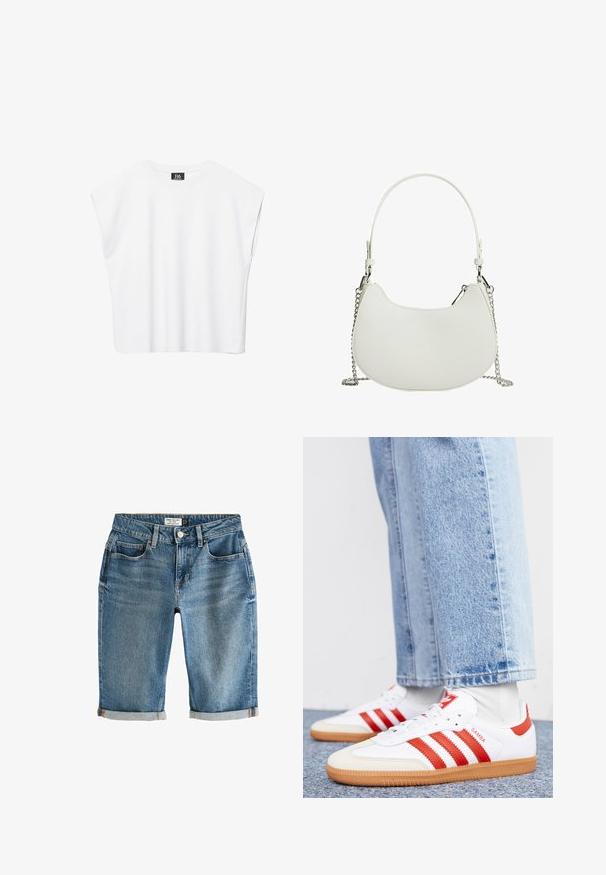 Hvid ærmeløs crop top med rund halsudskæring, brede skuldre og sort "B6"-label indvendigt i kraven.; Blå denim knæ-lange shorts med en opsmøgning, fem lommer og lukning med metalknap. Stof har et let falmet udseende.; Hvide lædersneakers med røde striber og accenter. Har en tekstureret gummisål og polstret krave. Bæres med lyseblå denim.; Hvid syntetisk håndtaske med en buet form, der har en kædestrop og minimalistisk design. Glat tekstur med sølvfarvede metaldele.