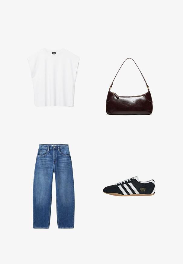 Haut court blanc sans manches à encolure ronde avec épaules larges et étiquette noire "B6" à l'intérieur du col.; Jean bleu clair en denim, avec une taille haute, une coupe droite, cinq poches, et une fermeture par bouton. Détail de décoloration minimale et coutures.; Sneakers en suede noir avec trois bandes blanches, logo doré et semelle en caoutchouc marron. Présente un design à lacets à profil bas.; Sac à bandoulière en cuir marron foncé avec une seule sangle et une fermeture éclair, forme rectangulaire avec des bords arrondis sur fond blanc.