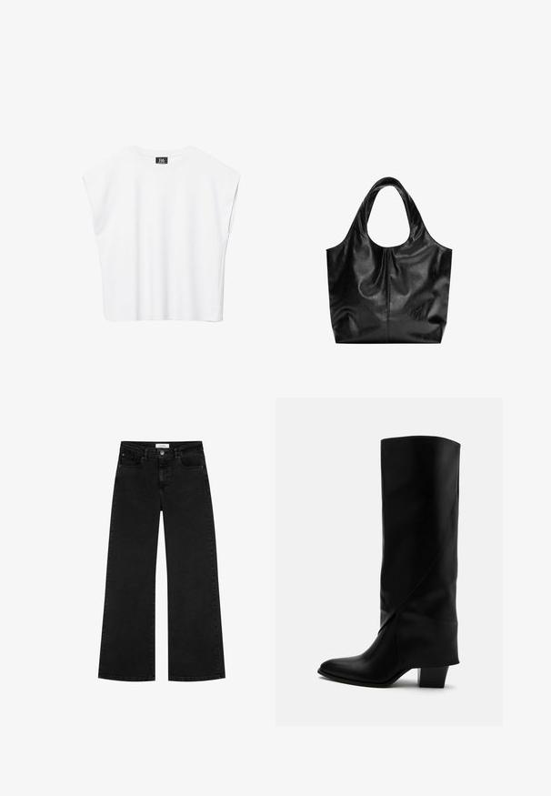 Hvid ærmeløs crop top med rund halsudskæring, brede skuldre og sort "B6"-label indvendigt i kraven.; Sorte høj talje vidde jeans med for- og møntlommer, knaplukning og bæltestropper.; Høj sort læderstøvle med skråt syning, spids tå og kraftig mellemhøj hæl på hvid baggrund.; Sort læder tote taske med en glat overflade, en blød, afrundet top og brede håndtag. Har minimal syning og en afslappet silhuet.