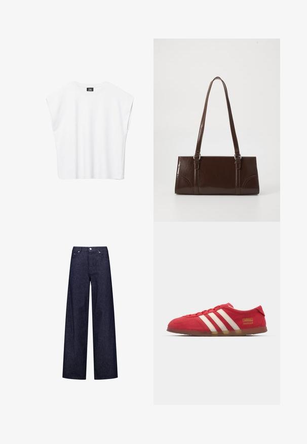 Weißes ärmelloses Crop-Top mit Rundhalsausschnitt, breiten Schultern und schwarzem "B6"-Etikett an der Innenseite des Kragens.; Weite Jeanshose mit einem dunkelblauen und weißen vertikalen Streifenmuster, ausgestattet mit zwei Fronttaschen und einem klassischen Knopfverschluss.; Rote Wildledersneaker mit weißem Drei-Streifen-Design, flacher Außensohle und goldenen Logodetails. Niedrig geschnittenes Design mit runder Zehenpartie und Schnürverschluss.; Braune Lackleder-Handtasche in rechteckiger Form, mit zwei langen Griffen und subtilen, geschwungenen Akzenten auf der Vorderseite.