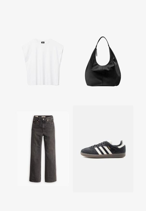 Biely bezrukávový crop top s okrúhlym výstrihom, širokými ramenami a čiernou nášivkou "B6" vo vnútri goliera.; Vysoké nohavice širokého strihu z tmavošedého denimového materiálu, s prednými vreckami, kontrastnými meďenými nitmi a čistým prevedením bez ozdôb.; Čierna teniska Adidas Samba s bielymi pruhmi, gumovou podrážkou a zlatým nápisom „Samba“ na boku, zobrazená z ľavého profilu na jednoduchom pozadí.; Čierna kožená mäkká taška hobo s jedným širokým remienkom a detailom na zips na jednoliatom bielom pozadí.