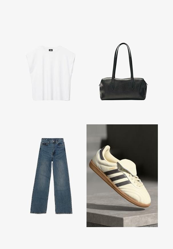 Hvid ærmeløs crop top med rund halsudskæring, brede skuldre og sort "B6"-label indvendigt i kraven.; Blå denim brede ben jeans med høj talje, fem lommer og kontraststing. Udsivninger og mindre slid synlige på stoffet.; Cremefarvede lædersneakers med tre mørke striber, en brun gummisål og en afrundet tå. Har en foldbar tunge mærket "SAMBA."; Sort rektangulær læderhåndtaske med to lange skulderstropper og en lynlåslukning øverst.