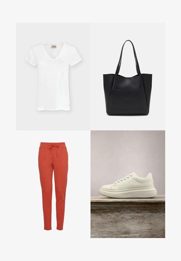 Hvid kortærmet V-hals T-shirt med slim pasform og lille logo nær kanten på en lysegrå baggrund.; Rustfarvede sweatpants med elastik i taljen og snor foran, med sidelommer og blødt stof.; Hvid lædersneakers med rund tå, glat tekstur og kontrasterende snørebånd. Har ventilationshuller og en tyk gummisål for komfort.; Sort tote taske lavet af glat syntetisk materiale, med to lange håndtag og en frontlomme. Åben top med vinkelret design.