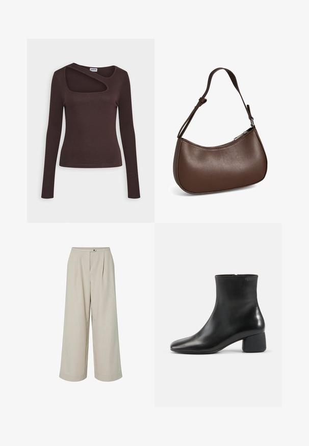 Noisy May NMDRAKEY PRASI - Camiseta de manga larga - java; Pantalones beige de pierna ancha con cintura alta, cierre delantero de botón y cremallera, y dobladillos cosidos.; Botín negro de cuero con puntera cuadrada redondeada, cremallera lateral y tacón bajo y grueso sobre un fondo sencillo y claro.; Pequeño bolso bandolera de cuero marrón con correa ajustable y cierre de cremallera, mostrado sobre un fondo blanco. Sin logotipos ni adornos visibles.