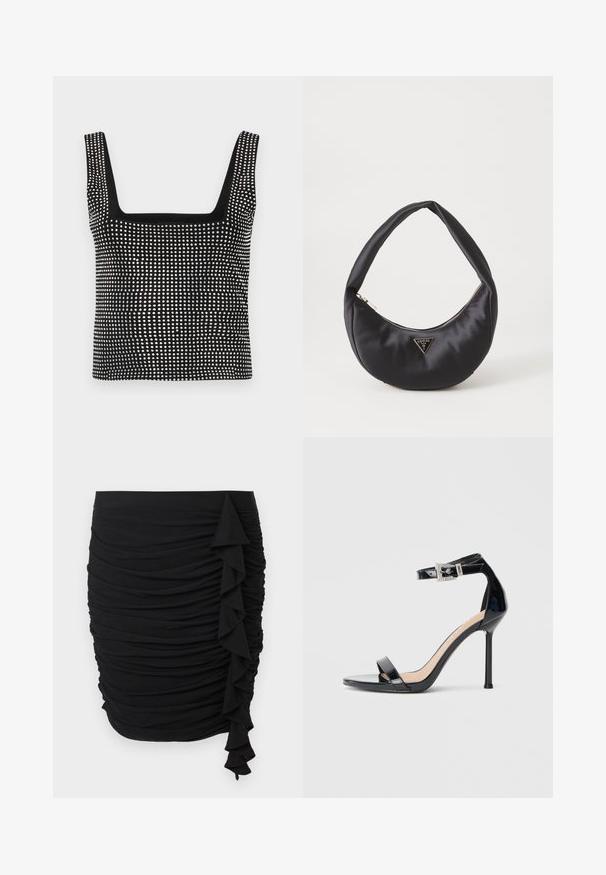 Good American CRYSTAL TANK - Top - black; Sort rynket nederdel med flæsedetalje på siden, lavet af strækbart stof, med en tætsiddende silhuet.; Sort højhælet sandal i laklæder med ankelrem. Har minimalistisk design, åben tå og spænde med rhinsten-detaljer.; Sort satin håndtaske med en buet form, der har en lynlåslukning og et trekantet logo i metal på forsiden. Glat tekstur og slankt design.
