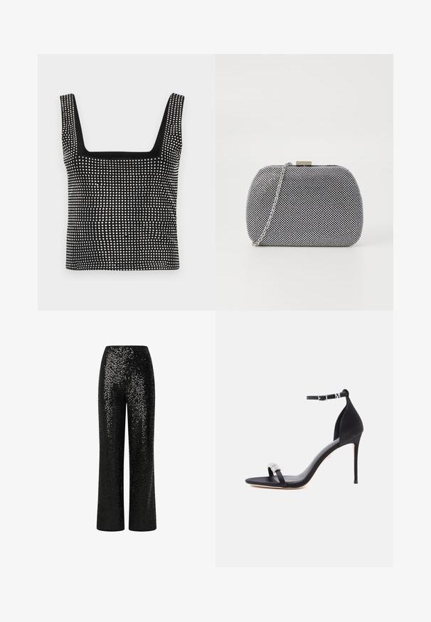 Good American CRYSTAL TANK - Top - black; Zwarte paillettentrousers met een recht model, voorzien van een gladde tailleband en reflecterende textuur, wat een schitterend effect creëert.; Zwarte satijnen sandaal met hoge hak, een slank bandje, een enkelsluiting met gesp en een decoratieve strassaccent op het voorbandje.; Zwart-witte textuur clutch tas met een ronde vorm, zilveren kettingband en een metalen sluiting aan de bovenkant.