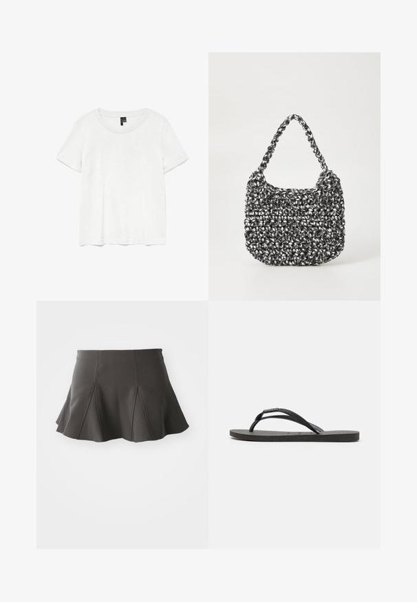T-shirt blanc à manches courtes avec un col rond, fabriqué en tissu léger. Design simple, texture lisse et ourlet droit.; Jupe noire évasée avec une taille ajustée, présentant des coutures verticales et une texture lisse. L'ourlet est légèrement incurvé et se situe au-dessus de mi-cuisse.; Des tongs noires avec des brides texturées et une semelle en caoutchouc plate. Les brides présentent un léger reflet brillant.; Sac en osier noir et blanc de forme arrondie, avec une surface texturée et une poignée tressée. Convient à un usage décontracté.