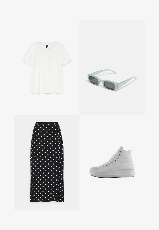 T-shirt blanc à manches courtes avec un col rond, fabriqué en tissu léger. Design simple, texture lisse et ourlet droit.; Jupe noire à pois blancs, faite en tissu doux. Elle présente une coupe droite et une fente en bas pour plus de liberté de mouvement.; Baskets montantes en toile blanche avec lacets blancs, œillets métalliques, semelle épaisse en caoutchouc et bout texturé, orientées vers la gauche sur fond blanc.; Une paire de lunettes de soleil rectangulaires avec des montures translucides bleu clair et des verres gris foncé, présentant des branches droites et des détails matériels minimaux.