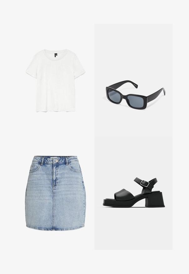 Camiseta blanca de manga corta con un cuello redondo, hecha de tejido ligero. Diseño simple, textura suave y dobladillo recto.; Mini falda de mezclilla azul claro con cierre frontal de botones y cremallera, trabillas para cinturón y bolsillos delanteros.; Sandalias de plataforma de cuero negro con diseño de puntera abierta, correa en el tobillo y un tacón cuadrado grueso. Textura suave y estilo minimalista.; Gafas de sol rectangulares negras con lentes oscuros, montura de plástico grueso y patillas anchas. Superficie lisa y diseño anguloso.