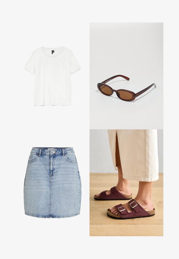 Camiseta blanca de manga corta con un cuello redondo, hecha de tejido ligero. Diseño simple, textura suave y dobladillo recto.; Mini falda de mezclilla azul claro con cierre frontal de botones y cremallera, trabillas para cinturón y bolsillos delanteros.; Birkenstock ARIZONA NARROW - Sandalias - zinfandel; Gafas de sol redondas con tinte marrón y un marco burdeos brillante. Patillas delgadas con un sutil detalle de marca. Diseño de lentes planos.