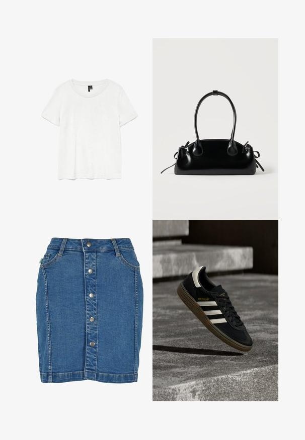 Camiseta blanca de manga corta con un cuello redondo, hecha de tejido ligero. Diseño simple, textura suave y dobladillo recto.; Falda de mezclilla con cierre de botones en el frente, diseño ajustado, color azul claro y detalles de costura sutiles.; Zapatilla negra de Adidas con rayas blancas y suela de goma flotando sobre escalones de concreto gris a la luz natural.; Pequeño bolso negro brillante con dos asas largas y detalles de cordón lateral sobre un fondo claro liso.