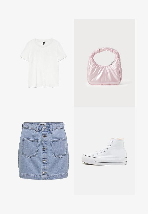 Hvid kortærmet t-shirt med rund halsudskæring, lavet af letvægtsstof. Enkel design, glat tekstur og lige kant.; Lys blå denim mini-sundress med fem knapper foran, to påsyede lommer, og en let slidt struktur. Mærket hedder "ONLY."; Hvide høj-top sneakers lavet af kanvasmateriale, sort gummisål og kontrasterende sort stribe på mellemsålen. Rund tåhætte og snørebåndsdesign.; Rosa, polstret håndtaske med afrundet design, lavet af skinnende materiale. Har et samlet håndtag og en lynlås til sikker adgang.