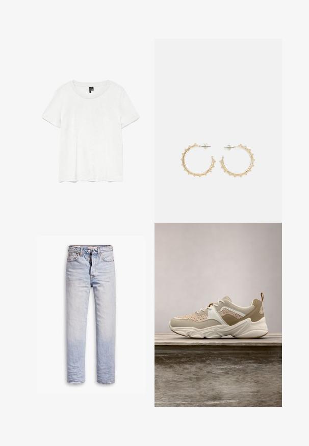 T-shirt blanc à manches courtes avec un col rond, fabriqué en tissu léger. Design simple, texture lisse et ourlet droit.; Jean en denim bleu clair avec une coupe droite, dotés d'une fermeture à boutons, de cinq poches et d'un léger délavage sur les jambes.; Baskets légères avec une tige en mesh beige, des accents blancs et des détails texturés en tan. Semelle en caoutchouc épaisse avec un motif ondulé unique.; Boucles d'oreilles en or en forme de créole avec un design texturé, ornées de petites perles le long du bord. Elles ont une forme de créole fermée et un fermoir à clou.