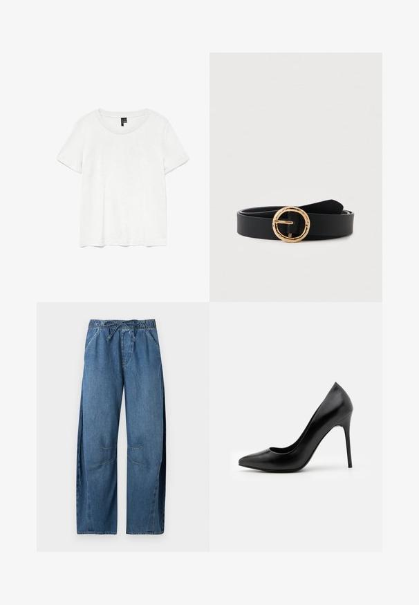 T-shirt blanc à manches courtes avec un col rond, fabriqué en tissu léger. Design simple, texture lisse et ourlet droit.; Pantalon en jean bleu coupe ample avec taille élastique et cordon, avec poches latérales et détails cousus aux genoux.; Escarpin noir en cuir avec un bout pointu et une texture lisse. Dispose d'un talon aiguille fin et d'un décolleté bas.; Ceinture en cuir noir enroulée avec une boucle en métal doré martelé sur fond blanc.