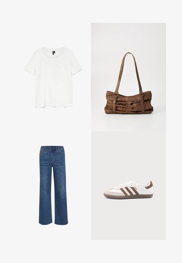 Weißes T-Shirt mit kurzen Ärmeln und rundem Ausschnitt, hergestellt aus leichtem Stoff. Schlichtes Design, glatte Textur und gerader Saum.; Weite Jeans aus mittlerem blauen Denim. Mit Knopf- und Reißverschluss, fünf Taschen und subtilen Verblassungen im Stoff.; Weißer Adidas Samba Sneaker mit braunen Wildlederstreifen, brauner Gummisohle und beiger Wildlederkappe, von der Außenseite auf schlichtem Hintergrund gezeigt.; Even&Odd by Zalando Handtasche - brown