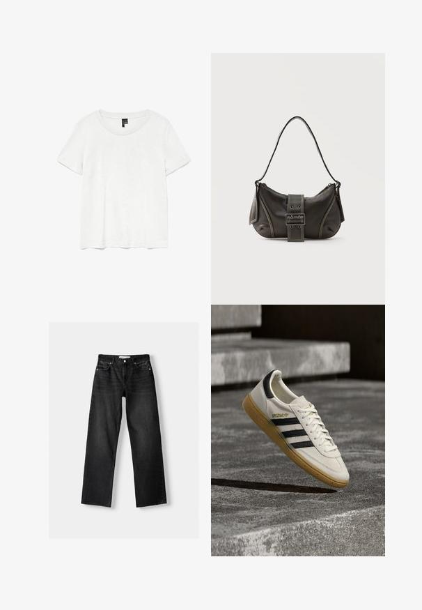 Weißes T-Shirt mit kurzen Ärmeln und rundem Ausschnitt, hergestellt aus leichtem Stoff. Schlichtes Design, glatte Textur und gerader Saum.; Bershka Jeans Straight Leg - mottled dark grey; Weißer Adidas Spezial Sneaker mit schwarzen Streifen und Kautschuksohle, der über grauen Steinstufen im Freien schwebt.; Schwarze Leder-Schultertasche mit Schnallengurt-Detail, abgerundeten Kanten und kontrastierenden weißen Nähten auf schlichtem Hintergrund.