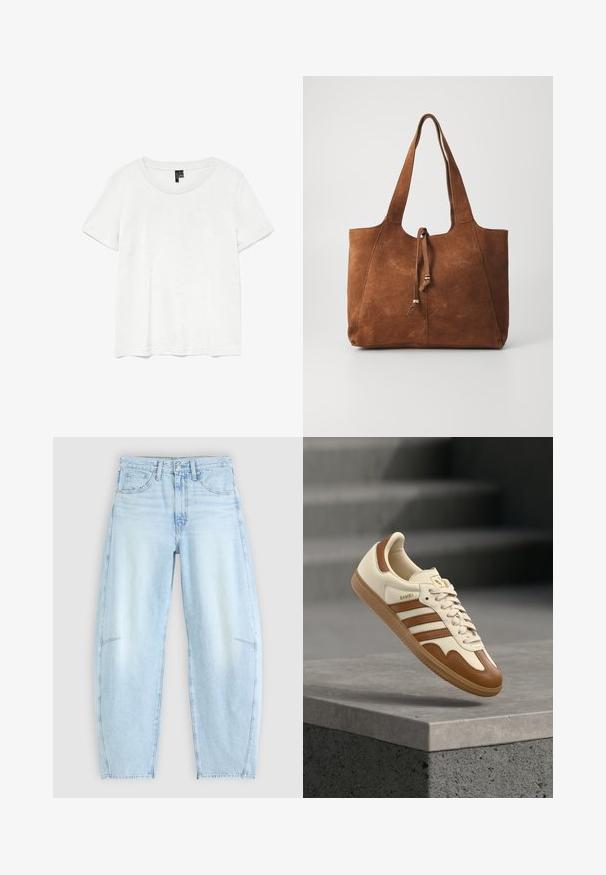 Hvid kortærmet t-shirt med rund halsudskæring, lavet af letvægtsstof. Enkel design, glat tekstur og lige kant.; Lyseblå denimjeans med en afslappet pasform, der har høj talje, fem-lommers design og subtilt slid med frynset kant.; Klassisk sneaker med øverste del i cremefarvet læder, brune accenter, tre striber og en tekstureret gummisål. Har en rundet snude og snørelukning.; Brun ruskinds tote bag med to lange håndtag, snøre lukning og glat tekstur. Har et enkelt design og minimale accenter.
