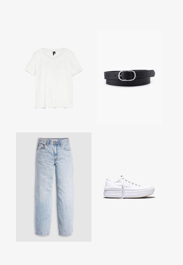 Hvid kortærmet t-shirt med rund halsudskæring, lavet af letvægtsstof. Enkel design, glat tekstur og lige kant.; Lyseblå denimjeans med høj talje, afslappet pasform, lige ben og et klassisk design med fem lommer. Synlige falmede detaljer og syninger.; Hvid lavt snørestøvle med tyk plateau-sål, snørelukning foran og gummiforstærket tåkap, set i sideprofil.; Sort læderbælte med en glat overflade, oval sølvmetalspænde og flere justeringshuller langs stroppen. Flad, minimalistisk design.