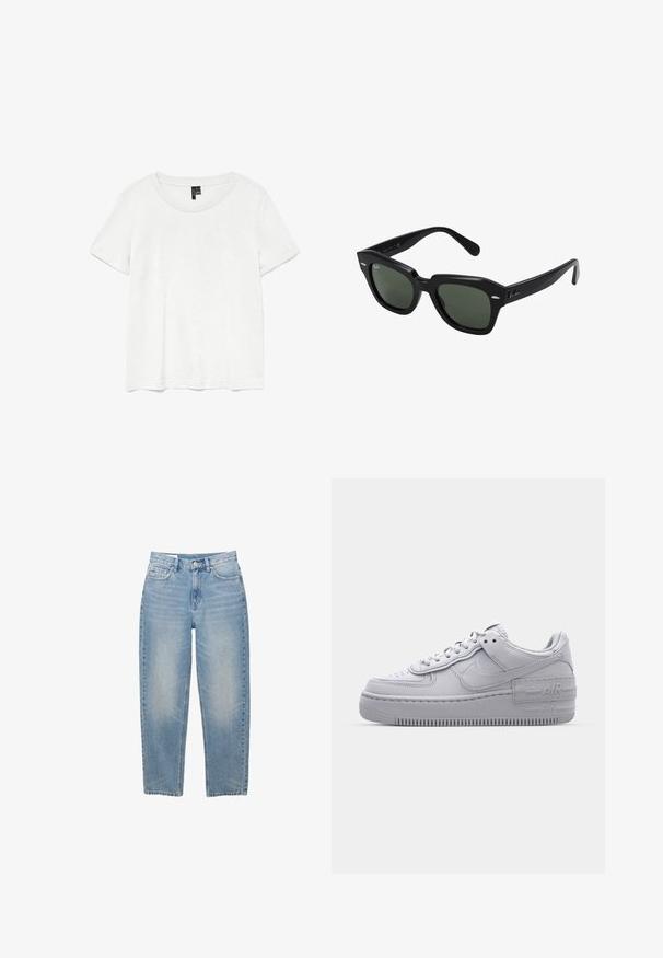 T-shirt blanc à manches courtes avec un col rond, fabriqué en tissu léger. Design simple, texture lisse et ourlet droit.; Jean en denim bleu clair à jambes droites avec bouton frontal, fermeture éclair et cinq poches, présenté sur un fond blanc.; Basket en cuir lisse gris Nike Air Force 1 avec un bout perforé, une semelle épaisse et un détail 'AIR' en relief sur le talon.; Lunettes de soleil carrées noires avec des verres vert foncé, présentant des montures audacieuses et des accents argentés sur les côtés. Fabriquées en Italie.