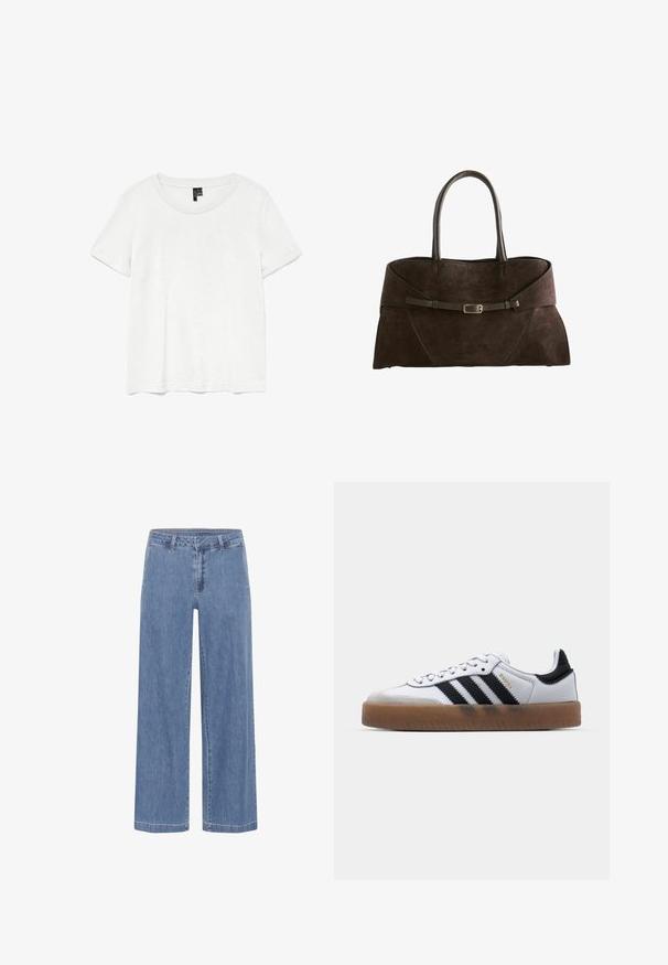 Witte t-shirt met korte mouwen en een ronde hals, gemaakt van lichte stof. Eenvoudig ontwerp, gladde textuur en rechte zoom.; My Essential Wardrobe MWSOFFI WIDE - Wijde jeans - medium blue wash; Witte leren sneakers met zwarte strepen, gumrubberen buitenzool, ronde neus, vetersluiting en een zachte grijze suède neuskap.; Donkerbruine suède handtas met twee handvatten en een dunne riem met gesp aan de voorkant tegen een witte achtergrond.