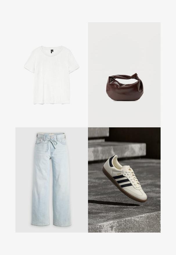 Camiseta blanca de manga corta con un cuello redondo, hecha de tejido ligero. Diseño simple, textura suave y dobladillo recto.; Jeans de tiro alto de color azul claro, de pierna ancha, con lazo en la parte delantera, diseño clásico de cinco bolsillos y un sutil detalle de desgaste en las piernas. Material de denim.; Zapatilla blanca Adidas Samba con franjas negras y suela de goma, flotando sobre escalones de hormigón gris texturizado.; Bolso de hombro de cuero marrón oscuro con una forma suave y caída, y un asa con nudo torcido sobre un fondo blanco liso.