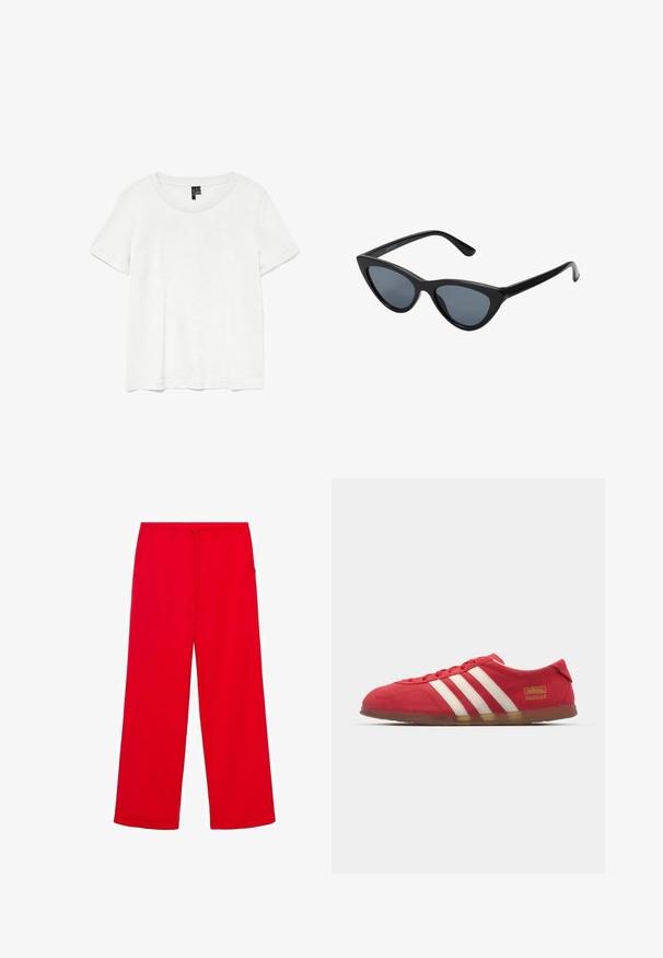 Hvid kortærmet t-shirt med rund halsudskæring, lavet af letvægtsstof. Enkel design, glat tekstur og lige kant.; Røde, vide sweatpants lavet af blødt stof, med elastisk talje og snøre, samt to sidelommer for bekvemmelighed.; Røde ruskinds sneakers med hvidt tre-stripes design, flad ydersål og guld logo detalje. Lavskåren design med afrundet tå og snørebåndslukning.; Sorte katteøje solbriller med mørkegrå linser, slankt plastisk stel, spidse hjørner og lige stænger. Ingen synlig hardware eller dekorationer.
