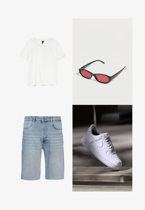Weißes T-Shirt mit kurzen Ärmeln und rundem Ausschnitt, hergestellt aus leichtem Stoff. Schlichtes Design, glatte Textur und gerader Saum.; Jeansshorts in hellblau, mit einem klassischen Fünf-Taschen-Design, Knopfverschluss, geradem Schnitt und subtilen Ausbleichungen im Stoff.; Weißer Nike Air Force 1 Sneaker schwebt über einer Betonoberfläche mit Schatten in einem minimalistischen Umfeld.; Schwarze ovale Sonnenbrille mit schlanken Bügeln und rot getönten Gläsern, die auf einer weißen Oberfläche liegt.