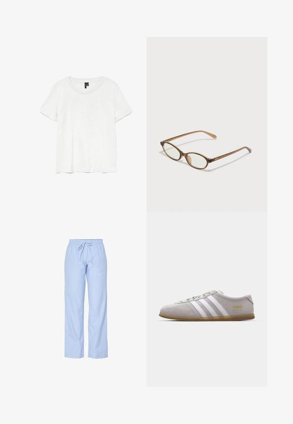 Camiseta blanca de manga corta con un cuello redondo, hecha de tejido ligero. Diseño simple, textura suave y dobladillo recto.; Pantalones de pijama azul claro con rayas verticales blancas. Cuentan con una cinturilla elástica con cordón. La tela parece suave con una textura lisa.; Zapatilla de ante gris con rayas de cuero blanco y detalle del logo en dorado. Suela plana de goma, punta redondeada y diseño clásico de cierre con cordones.; Gafas de carey marrón con lentes ovalados, patas delgadas y acentos transparentes. Presenta un sutil logo en la varilla. Diseño elegante y ligero.