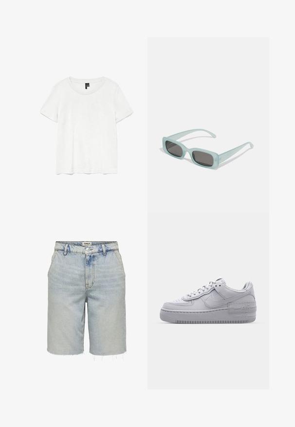 T-shirt blanc à manches courtes avec un col rond, fabriqué en tissu léger. Design simple, texture lisse et ourlet droit.; Shorts en denim délavé avec ourlet brut, présentant un design classique à cinq poches et une fermeture à bouton à l'avant.; Basket en cuir lisse gris Nike Air Force 1 avec un bout perforé, une semelle épaisse et un détail 'AIR' en relief sur le talon.; Une paire de lunettes de soleil rectangulaires avec des montures translucides bleu clair et des verres gris foncé, présentant des branches droites et des détails matériels minimaux.