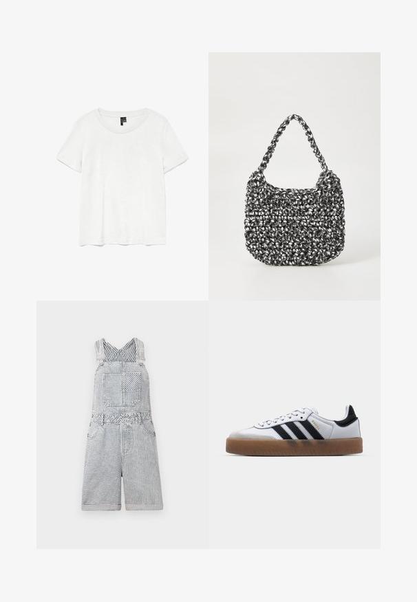 Witte t-shirt met korte mouwen en een ronde hals, gemaakt van lichte stof. Eenvoudig ontwerp, gladde textuur en rechte zoom.; Gestreepte denim jumpsuit met een vierkante zak, verstelbare straps en een wijde halslijn. Heeft een relaxte pasvorm met een shorts-lengte.; Witte leren sneakers met zwarte strepen, gumrubberen buitenzool, ronde neus, vetersluiting en een zachte grijze suède neuskap.; Geweven handtas in zwart en wit met een ronde vorm, gestructureerd oppervlak en een gevlochten handvat. Geschikt voor dagelijks gebruik.