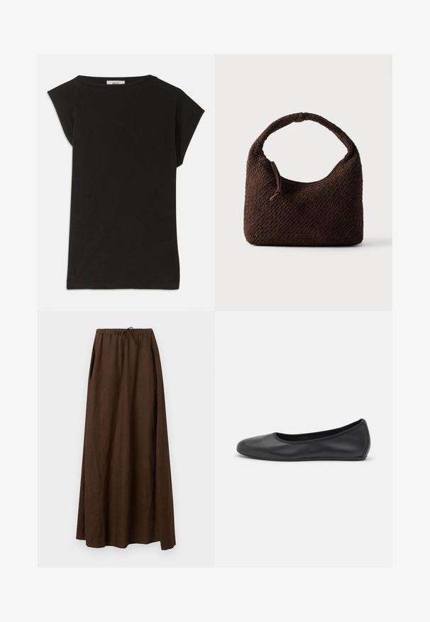 T-shirt noir en coton, avec une coupe ample, des manches courtes type cap, un col rond et une texture lisse.; Jupe longue en lin brun avec une taille élastique et un cordon de serrage. Caractérisée par un design ample et fluide avec des plis sur les côtés. Texture lisse.; Ballerines en cuir noir avec un bout rond, texture lisse, détails de couture minimalistes et design de semelle flexible.; Sac à main tressé marron avec une poignée arrondie, fabriqué en matériau texturé. Dispose d'une fermeture éclair et d'un petit logo en accent.