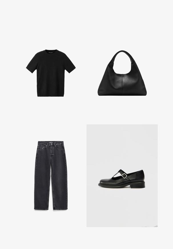 Schwarzes kurzärmliges Strick-T-Shirt mit Rundhalsausschnitt, mit tailliertem Schnitt und glatter Textur, geeignet für den Freizeitstil.; Schwarze Jeans aus Denim mit geradem Bein, ausgestattet mit Fronttaschen, einem Knopfleistenverschluss und subtilen Verfärbungen im Stoff.; Schwarzer Mary-Jane-Schuh aus Leder mit runder Zehenpartie, T-Riemen-Design, verstellbarer Schnalle und niedrigem, gestapeltem Absatz. Glatte Textur mit minimalen Details.; Schwarze Handtasche aus strukturiertem Leder mit breitem Boden und dicken, abgerundeten Griffen, ausgestattet mit einer zentralen vertikalen Naht und feinen Steppnähten.