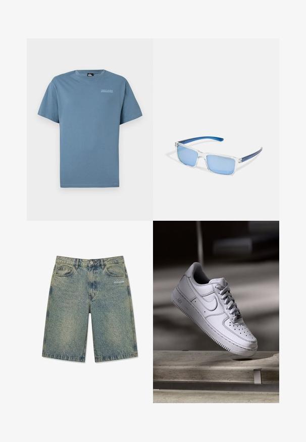Camiseta de algodón azul con cuello redondo y mangas cortas. Presenta un sutil logo de Quiksilver impreso en el pecho en gris claro.; Pantalones cortos de mezclilla azul claro con un acabado desteñido, bolsillos delanteros, trabillas para cinturón, cierre de botón y logotipo "PEGADOR" en el bolsillo delantero derecho.; Zapatilla Nike Air Force 1 de cuero blanco que presenta una puntera perforada, cordones planos y una suela de goma texturizada con la marca "AIR" en el lateral.; Arnette MWAMBA - Gafas de sol - transparent