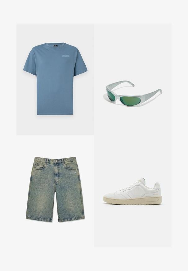 Blaues Baumwoll-T-Shirt mit Rundhalsausschnitt und kurzen Ärmeln. Mit einem dezenten Quiksilver-Logo auf der Brust in Hellgrau gedruckt.; Hellblaue Denim-Shorts mit ausgewaschenem Finish, Vordertaschen, Gürtelschlaufen, Knopfverschluss und „PEGADOR“-Logo auf der rechten Vordertasche.; Weiße Leder-Sneaker mit strukturierter Oberfläche und gepolstertem Kragen. Sie verfügen über eine beigen Gummisohle und dezente Markenkennzeichnung an der Ferse und an der Seite.; Arnette CATFISH - Sonnenbrille - metallic silver