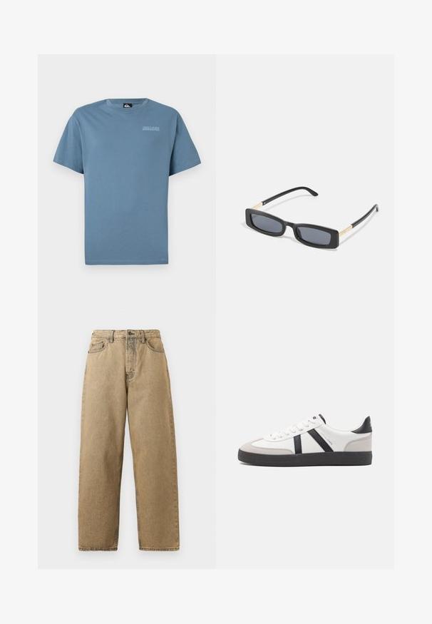 Blaues Baumwoll-T-Shirt mit Rundhalsausschnitt und kurzen Ärmeln. Mit einem dezenten Quiksilver-Logo auf der Brust in Hellgrau gedruckt.; Beige Denim-Jeans mit geradem Bein, ausgestattet mit einem Reißverschluss, Gürtelschlaufen und kontrastierenden Nähten. Keine auffälligen Muster oder Hardware-Details.; Weiße Sneaker mit schwarz- und grau-aczenten, ausgestattet mit einer strukturierten grauen Zehenkappe, schwarzer Gummi-Sohle und flachen weißen Schnürsenkeln. Sauberes Design, minimalistische Stil.; Rechteckige schwarze Sonnenbrille mit dunklen Gläsern. Schmale, flache Bügel mit einem goldenen Akzent. Glatter Kunststoffrahmen mit matter Oberfläche.