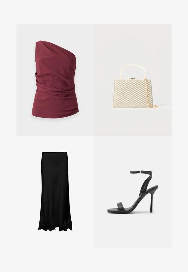 Mouwloze, bordeauxrode one-shoulder top met gedrapeerde stofdetails en een aansluitende taille tegen een effen achtergrond.; Zwarte satijnen rok met een gladde textuur en een kanten zoom met geschulpte randen. Eenvoudige, lange silhouet zonder versieringen.; Zwarte hoge hakken sandaal met een slanke enkelband en twee voorste banden. Gemaakt van soepel leer met een slanke puntneus en een stiletteloze hak.; Rechthoekige gouden avondtas met diagonale rijen parels en strass-steentjes, een handvat aan de bovenkant en een gouden kettingriem op een witte achtergrond.