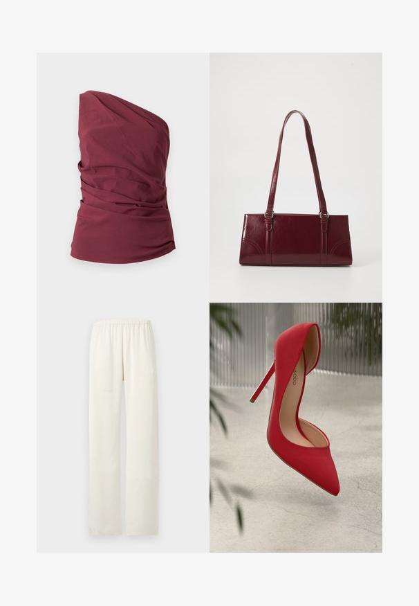 Ærmeløs, bordeaux rød one-shoulder top med draperede stofdetaljer og taljeret pasform mod en ensfarvet baggrund.; Off-white, lige ben bukser med elastisk talje og uden synlige lommer eller pynt.; Rød højhælet sko med spids tå og glat ruskindsoverflade. Har en stiletto-hæl og en guldaccent ved hælens bund.; Bordeaux håndtaske lavet af glansfuldt materiale, rektangulær form, med to skulderremme og subtile buede detaljer på forsiden.